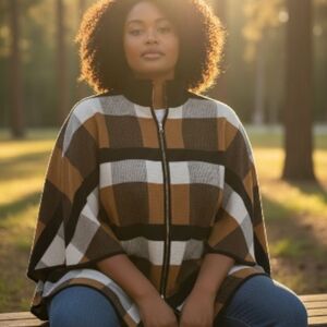 Elegant Plaid Zip-Up Women's Poncho
